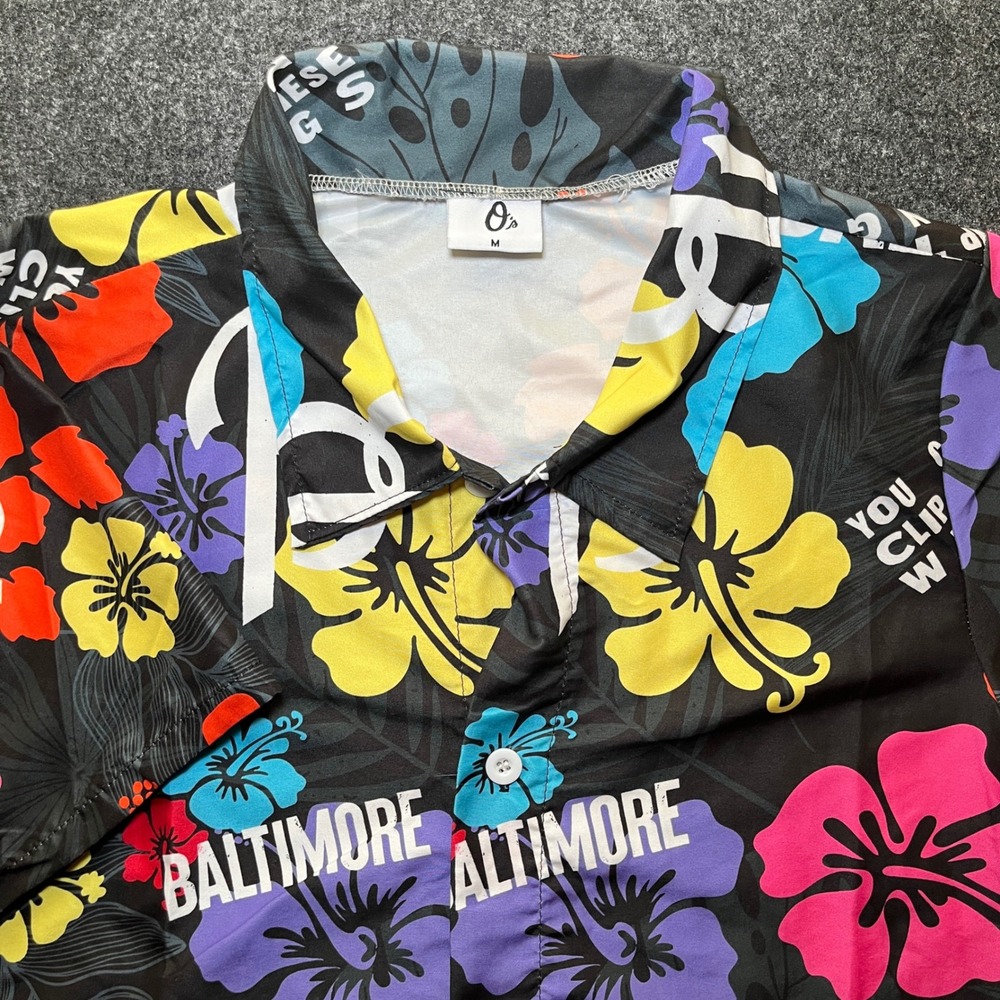 Baltimore Orioles MLB Tropical Button Shirt Mens Medium Black Excellent Floral
